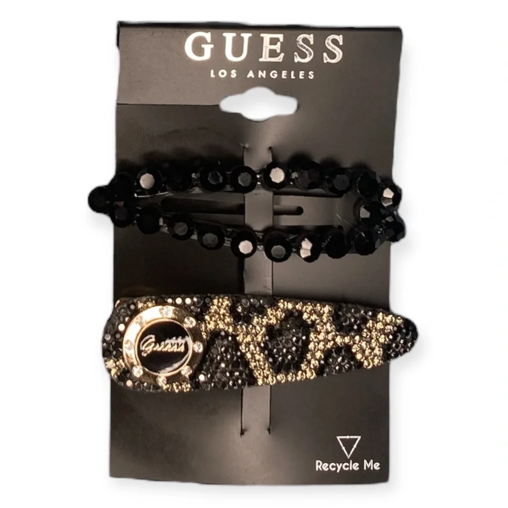 (4) GUESS Hair Clips Accessories Tortoise Chain Bling Rhinestone Leopard Glitter